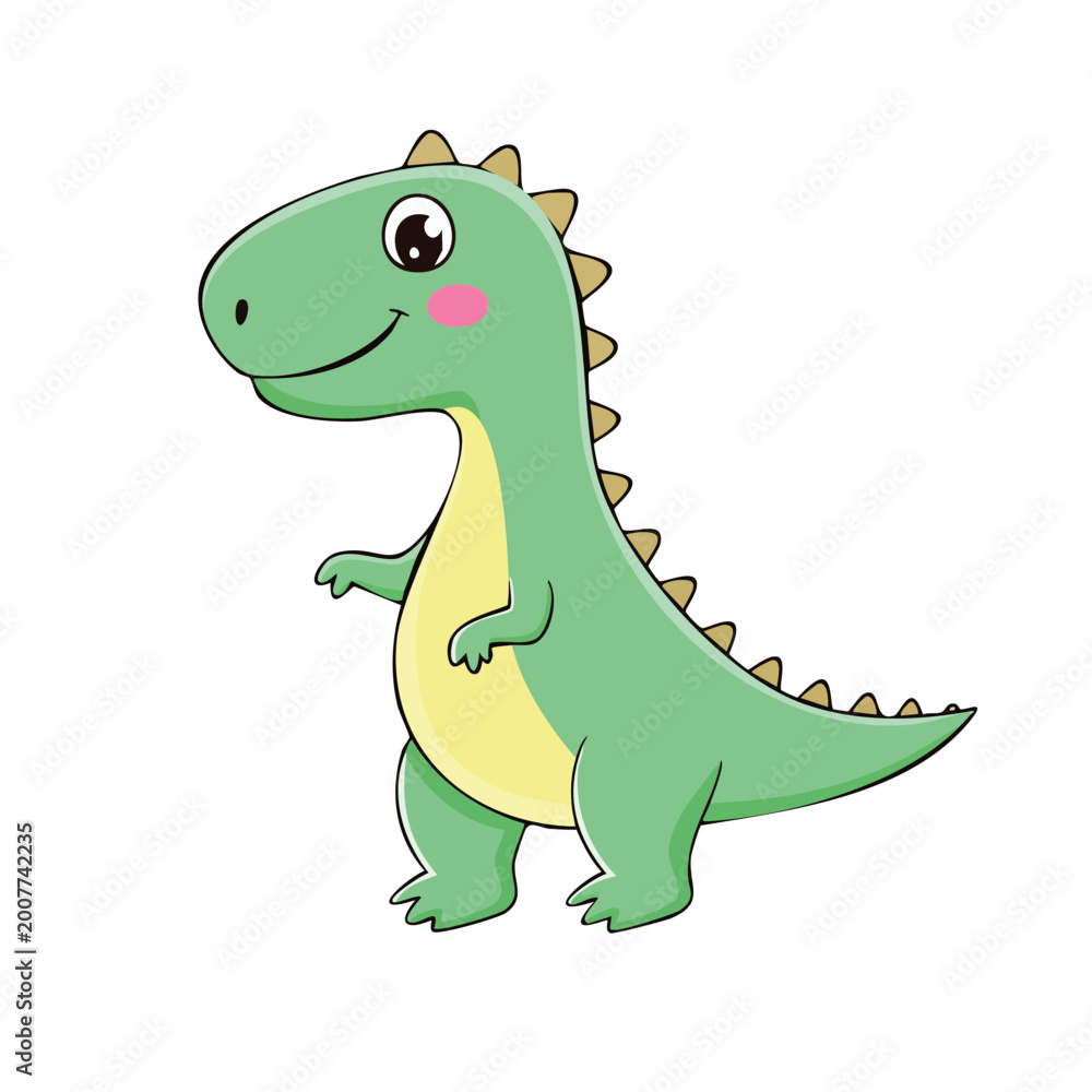 Fototapeta premium Friendly Green Cartoon Dinosaur with Big Eyes and Pink Cheeks Standing Happily