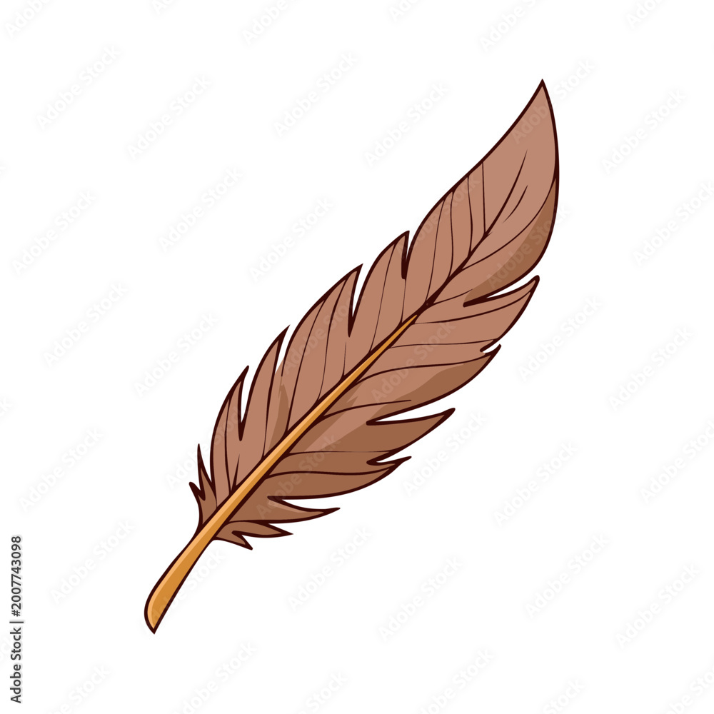 Fototapeta premium Brown feather illustration with detailed barbs and shaft against a white background