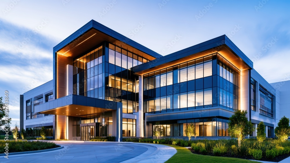 Fototapeta premium Contemporary business campus structure with stunning evening illumination and striking architectural detail.