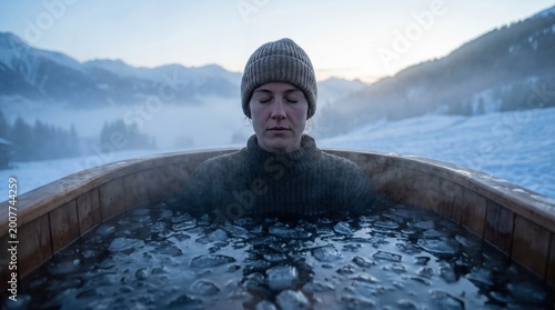 Woman in Cold Plunge Ice Bath Outdoors in Winter Mountain Landscape for Recovery and Longevity