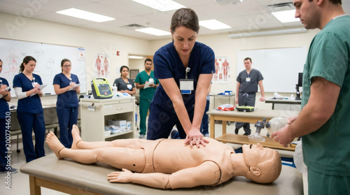 Woman student performing cpr on anatomy mannequin with team of medical trainees in classroom. Healthcare simulation training for emergency life support and resuscitation technique.
