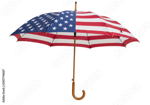Patriotic american flag umbrella with wooden handle PNG isolated on transparent background