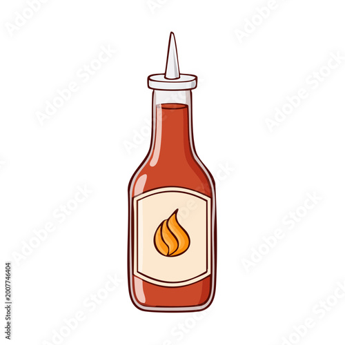 Cartoon illustration of a glass bottle filled with spicy red sauce and a flame icon on its label