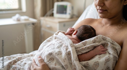 Loving mom embraces her sleeping baby for skin-to-skin bond close-up