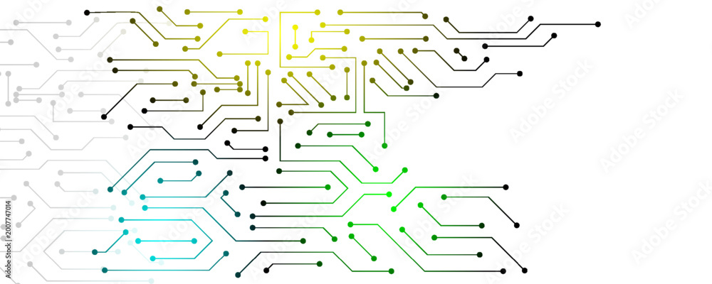 Obraz premium Abstract digital circuit board background with flowing lines and glowing nodes, representing data flow and connectivity in technology