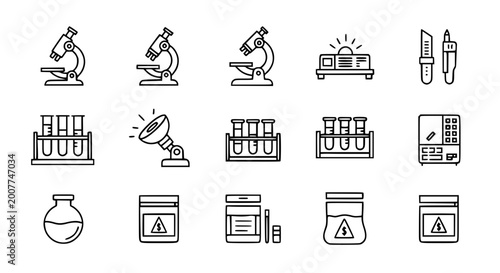 Scientific laboratory and forensic research equipment vector icon set featuring microscopes test tubes beakers and biohazard evidence bags for medical study and chemical analysis.