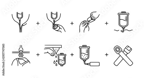 Cuadro en lienzo Medical intravenous IV drip procedure and infusion therapy vector icon set showing liquid medicine administration steps with saline bags and equipment for hospital healthcare services