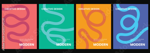 Abstract Line Composition Poster Set with Bold Curved Shapes and Vibrant Color Backgrounds
