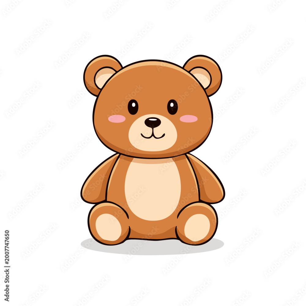 Fototapeta premium Cute cartoon brown teddy bear sitting and smiling with blush cheeks and rounded ears, friendly illustration for children