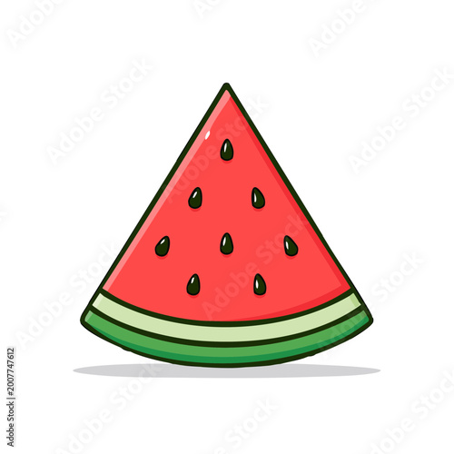 Juicy triangular slice of ripe watermelon with black seeds and green rind isolated on white