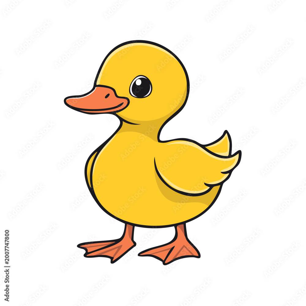 Fototapeta premium Cute cartoon yellow duckling standing with orange beak and feet simple illustration