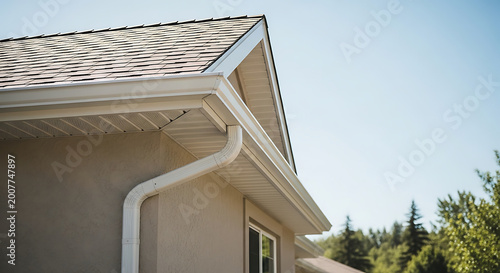 Professional installation of white aluminum gutters and downspout on a modern residential house roof with asphalt shingles for effective water drainage and protection