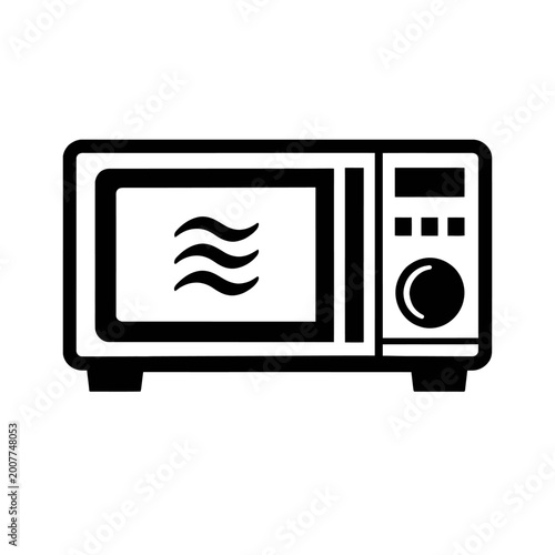 Black and white microwave oven icon for cooking and heating food quickly in kitchen with modern appliances