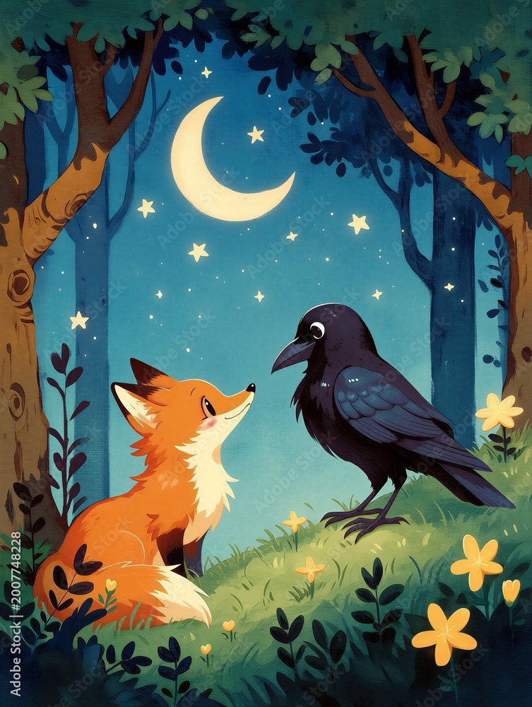 Fototapeta premium Illustration of a red fox and a black crow in a forest at night. Vertical illustration of animal characters under a crescent moon. Fable and fairytale concept