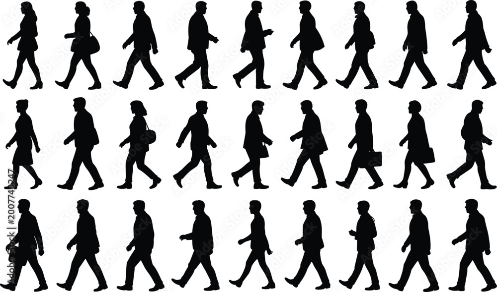 Fototapeta premium Diverse business people walking silhouettes collection men and women professionals commuting side view isolated on white background