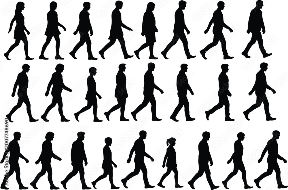 Fototapeta premium Human walking silhouettes collection showing step by step motion sequence, side view figures for animation reference and gait study