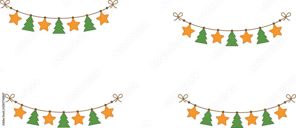 Fototapeta premium Set of Cute Christmas Garland Illustrations Featuring Stars and Trees for Holiday Decoration and Festive Designs.