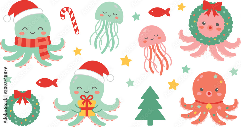 Fototapeta premium Set of Cute Christmas-Themed Jellyfish and Octopuses with Santa Hats, Candy Canes, Wreaths, and Holiday Decorations for Festive Greetings.