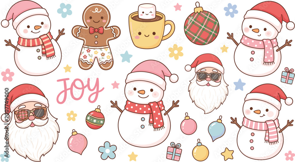 Fototapeta premium Set of Cute Christmas-Themed Illustrations Featuring Snowmen, Santa, Gingerbread, Ornaments, and Holiday Decorations for Joyful Festivities.