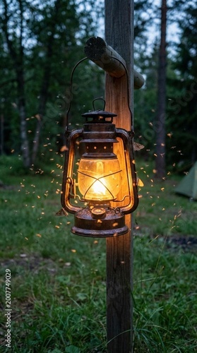 Glowing kerosene lantern hanging on a wooden post in a forest campsite at dusk, warm light and flying sparks create a cozy rustic mood, ideal for outdoor adventure themes