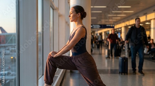 Woman stretches in airport terminal by large window, warm sunrise light creates calm focused mood, travel and wellness concept for fitness on the go