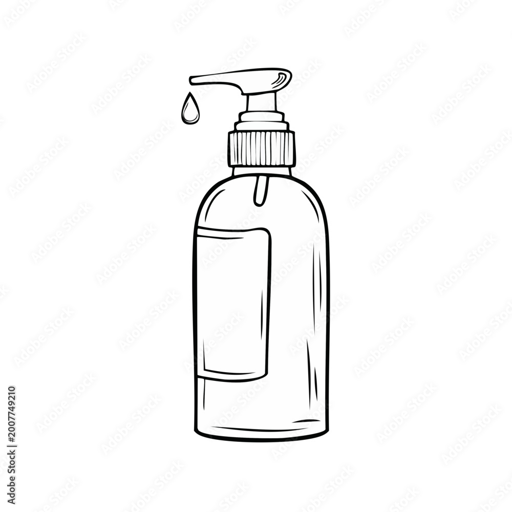 Fototapeta premium Hand drawn illustration of a liquid soap dispenser with a single drop falling from the nozzle