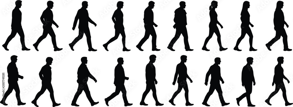 Fototapeta premium Walking people silhouettes collection diverse men and women side view motion sequence isolated on white background