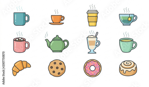 Quadro em tela Minimal hot drinks and pastry icon vector set with coffee tea cups and bakery it
