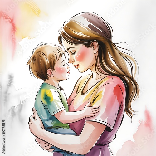 Loving mother embracing her child with affection and tenderness in a warm watercolor illustration