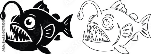 Foto Anglerfish vector illustration set, deep sea predator with sharp teeth and biolu