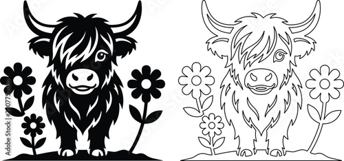Valokuva Highland cow vector silhouette and line art set, cute baby cow with flowers illu