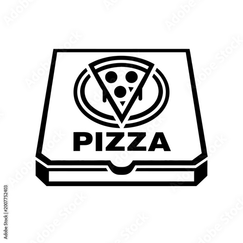 Black and white illustration of a pizza box with a slice of pizza on top, perfect for food delivery or restaurant branding