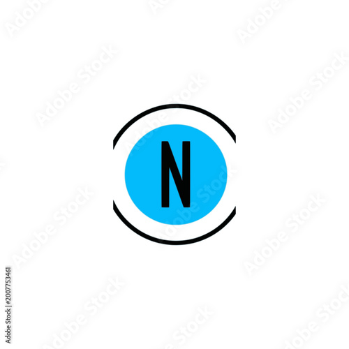 Neon Blue Circle Letter N Logo White Background - Black Outline Monogram