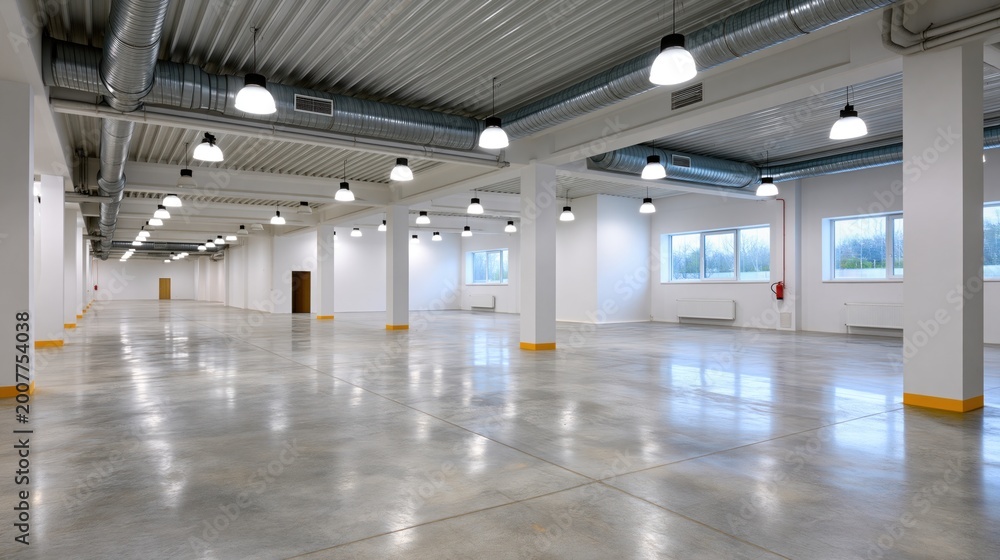 Obraz premium Spacious empty industrial warehouse interior with polished concrete floor and bright lighting