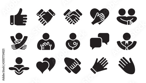 Slika na platnu Human empathy and solidarity icons set featuring heart hands gestures social interaction set