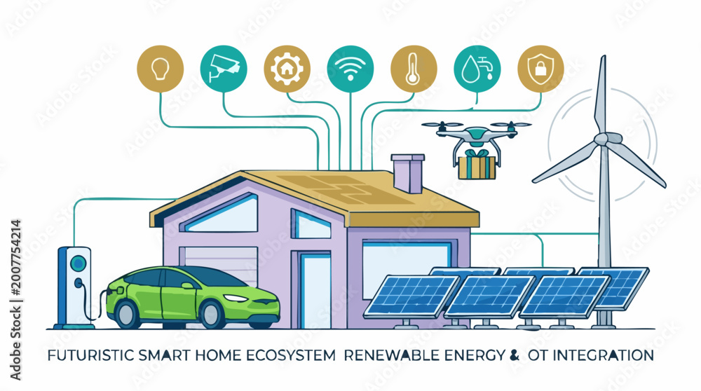 Fototapeta premium Sustainable Smart Home: Renewable Energy, EV Charging, and IoT Integration