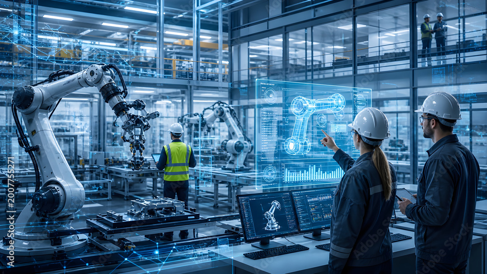 Fototapeta premium Smart Manufacturing Robotics – Industrial Engineers Using Digital Twin Interface for Automated Production