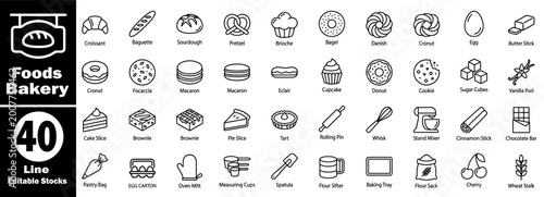 Foto Set of bakery line icons contains editable stocks, like croissant, baguette, sourdough, pretzel, brioche, bagel, danish, cronut, and egg