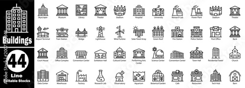 Canvas Print Building and architecture line icons with editable strokes: skyscraper, museum, library, theater, stadium, hospital, university, research lab, and more