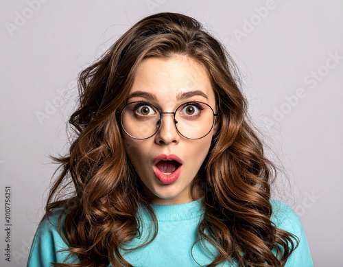 Wondrous and shocked female face with modern accessories on soft dark  backdrop
