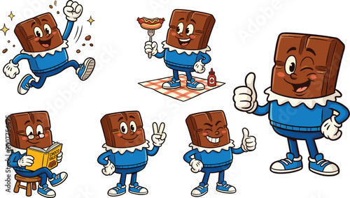 Картината върху платно Retro cartoon chocolate bar character set featuring classic mascot in different