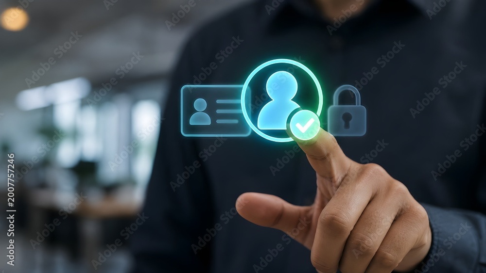 Obraz premium Businessman touching virtual user profile icon with security lock and digital identity verification interface.