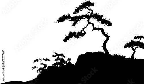 Photos Silhouette of a gnarled pine tree a rocky outcrop against a white background bla