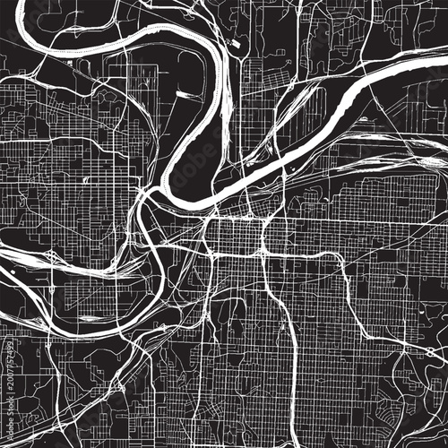 Tableau sur toile Kansas City Missouri Vector Map, Detailed City Street Map Black and White Minima