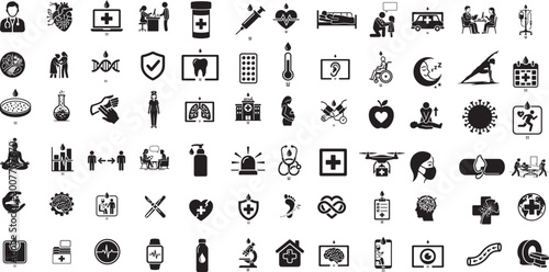 Health checkup line icon set for healthcare, medicine, doctors, nurses, patient care, medical equipment, first aid, examination, and diagnostics for health apps and clinical services design. 
