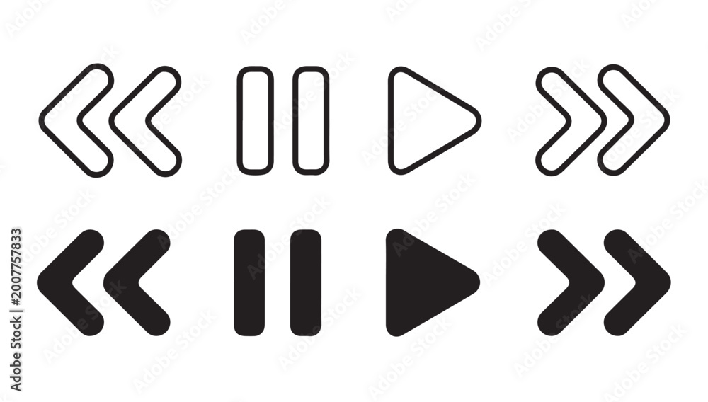 Obraz premium Media player control buttons set with fast forward rewind play pause navigation symbols.