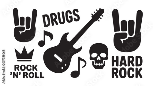 Obraz na plátně Rock music icons collection with guitar skull horns hand and lettering for heavy metal fans