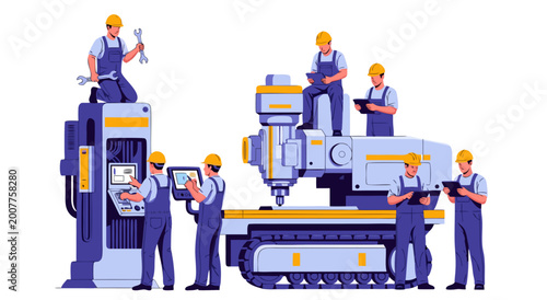 Fotografija Workers operate and maintain large industrial vector illustration machine with tools 3