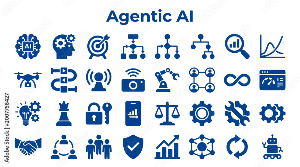 Fototapeta premium Agentic AI Icons and Symbols Representing Artificial Intelligence Innovation and Digital Transformation