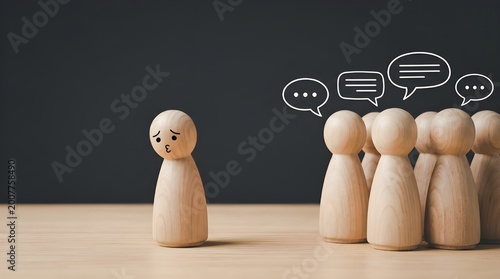 Sad wooden figure excluded from group. Concept of bullying, discrimination, isolation, loneliness, and mental health in society, workplace or school.
